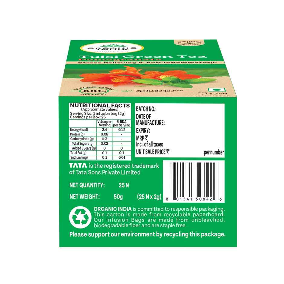 A TATA Product - Organic India Tulsi & Pomegranate Infused Green Tea - 25 Tea Bags