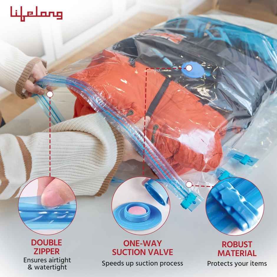 Lifelong Pack of 5 Vacuum Bags for Travel with Pump|Reusable|Space Saver Bags for Storage
