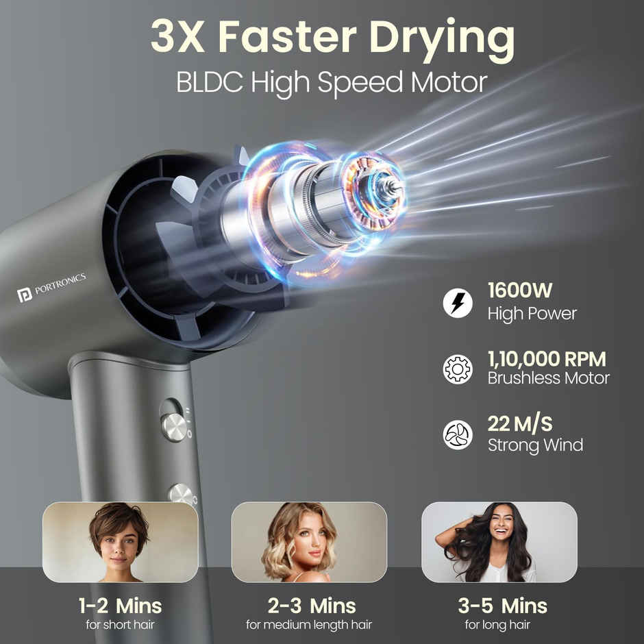Portronics Zifro BLDC 1600W Cold & Hot Air Hair Dryer with Negative Ion Tech | Grey
