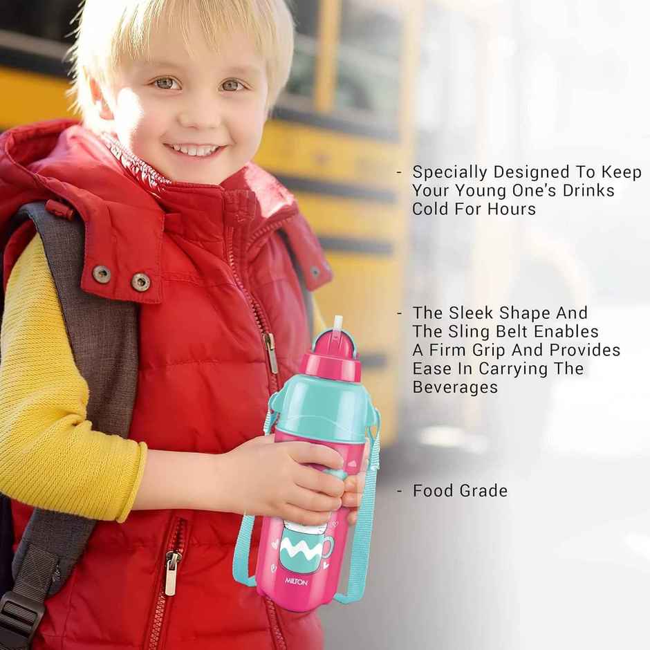 Milton Plastic Kool Trendy Insulated Water Bottle With Straw For Kids | Cherry Pink | 490 ml