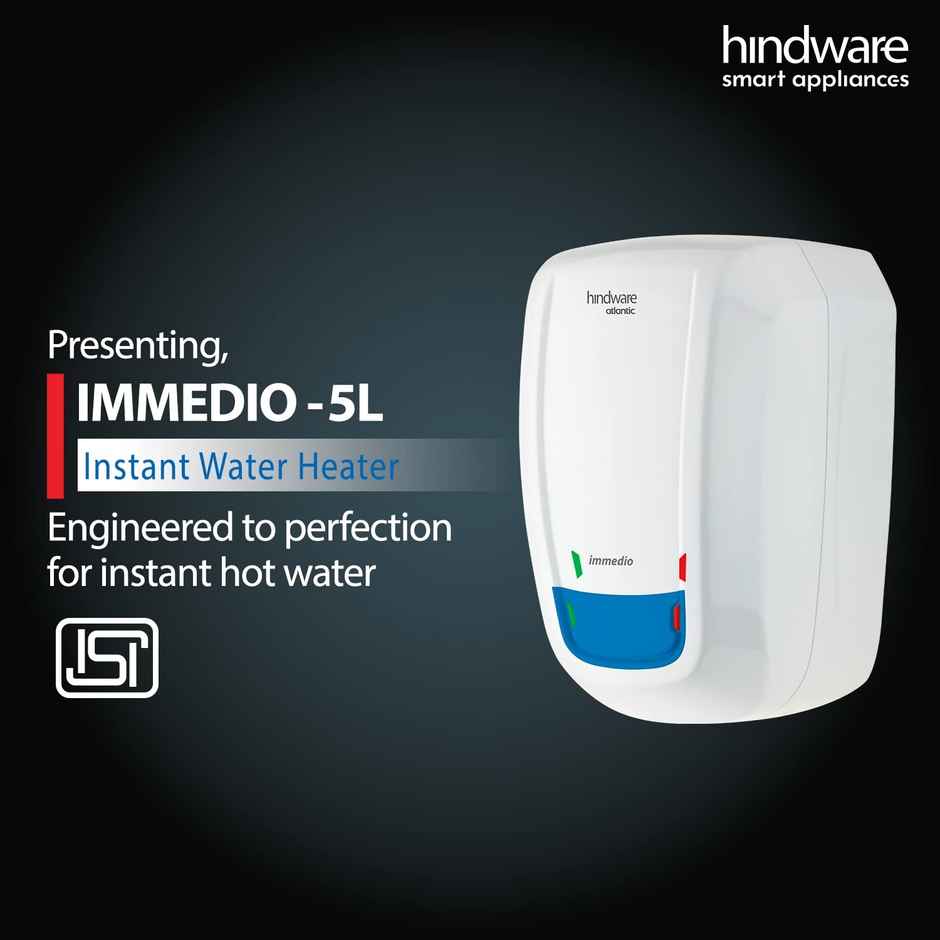 Hindware Smart Appliances Immedio 5L Water Heater, Wall Mounting, White & Blue