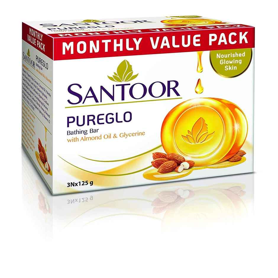 Santoor PureGlo Glycerine Bathing Bar Soap With Almond Oil for Nourished and Glowing Skin