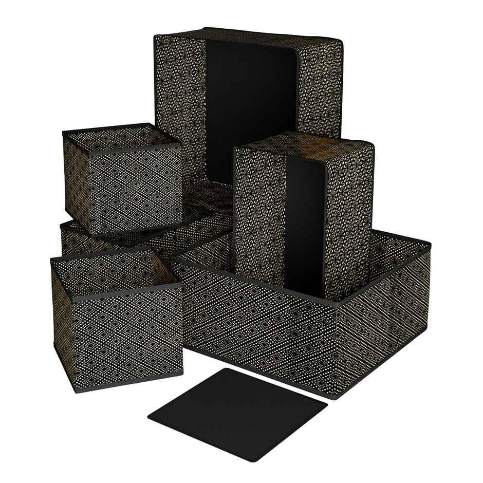Kuber Industries 6 Piece Dot-Print Foldable Drawer Organizer For Clothes | Socks |Bra| Black