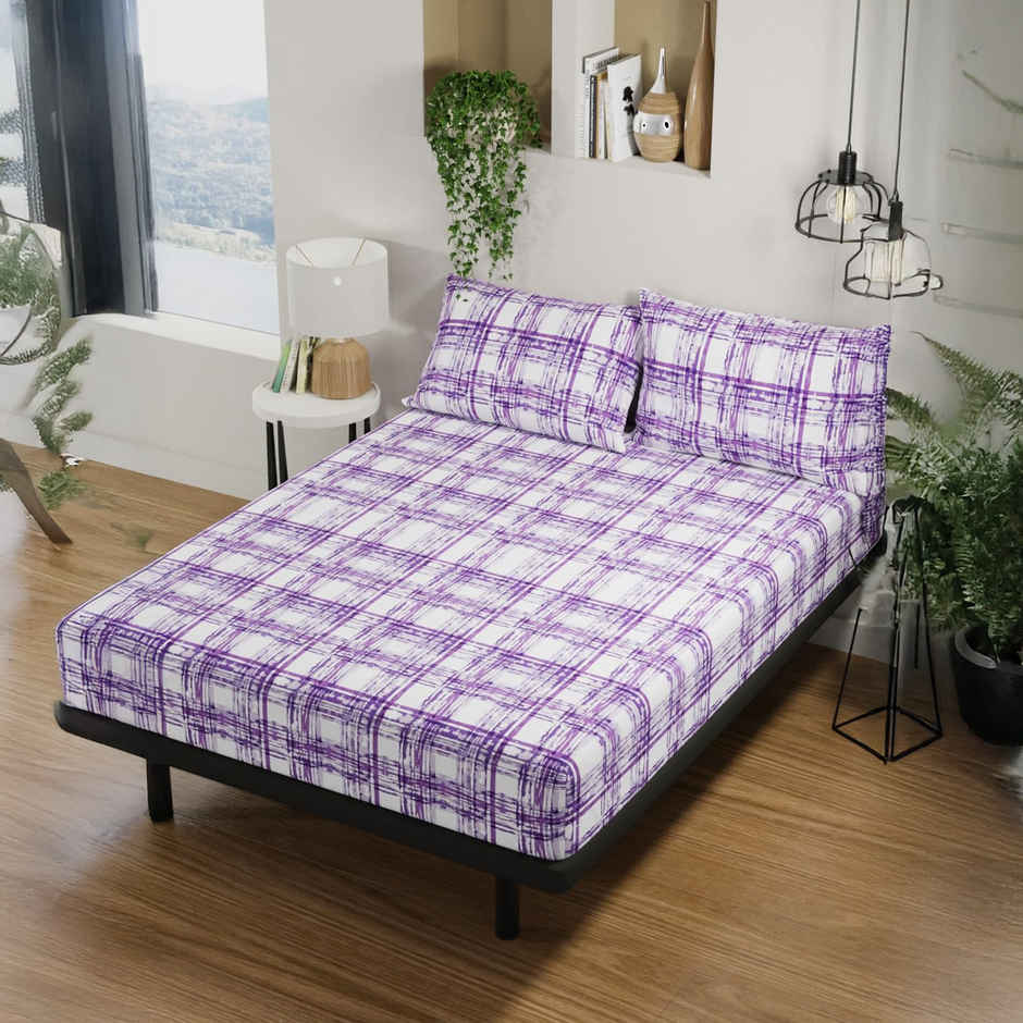 Bianca 100% Pure Cotton Double Bedsheet With 2 Pillow Covers | Set of 3 | Platinum Checks | Violet