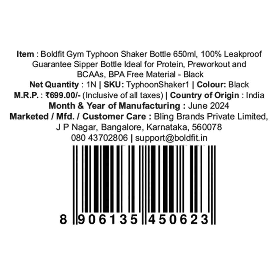 Boldfit Gym Typhoon Shaker Bottle | 700 ml | 100% Leakproof | Black