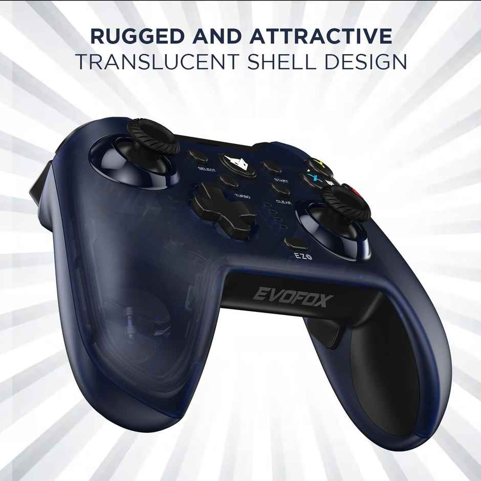 EvoFox Elite X Wireless Gaming Controller for PC with 2 Programmable Macro Back Buttons, Adjustable Dual Vibration Motors,Turbo Mode,Analog Triggers, High Precision joysticks,Low Latency Plug and Play,Free USB Extender,Translucent Shell Gamepad for pc - Blue