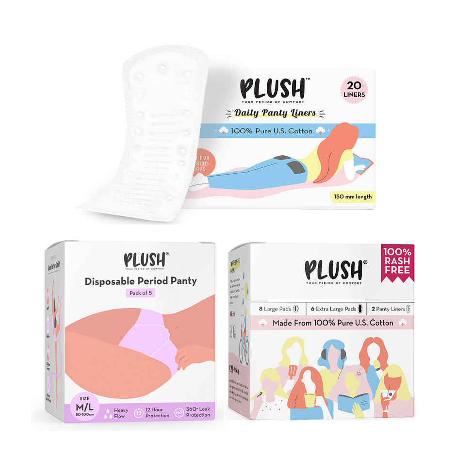 Plush Disposable Period Panty - M-L(5pc), Plush Ultra Thin Daily Panty Liners For Women 150Mm For Non Period Days Rash-Free(20pc) & Plush Ultra Thin - 8L + 6 XL(14pc) Combo