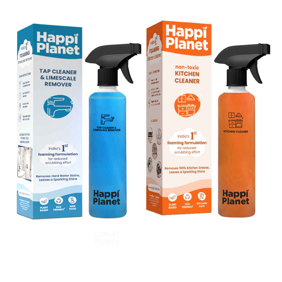 Happi Planet Tap Cleaner & Limescale Remover (500ml) & Happi Planet | Kitchen Cleaner | India S 1St Foaming Formulation For Less Scrubbing (500ml) Combo