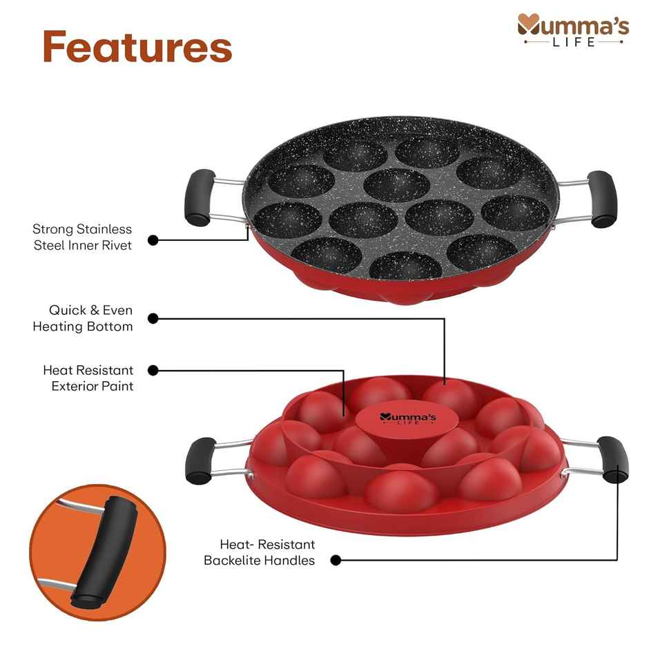 Mumma s Life Non-Stick 12 Cavity Grill Appam Patra 2 Side Handle with Glass Lid | 22 cm
