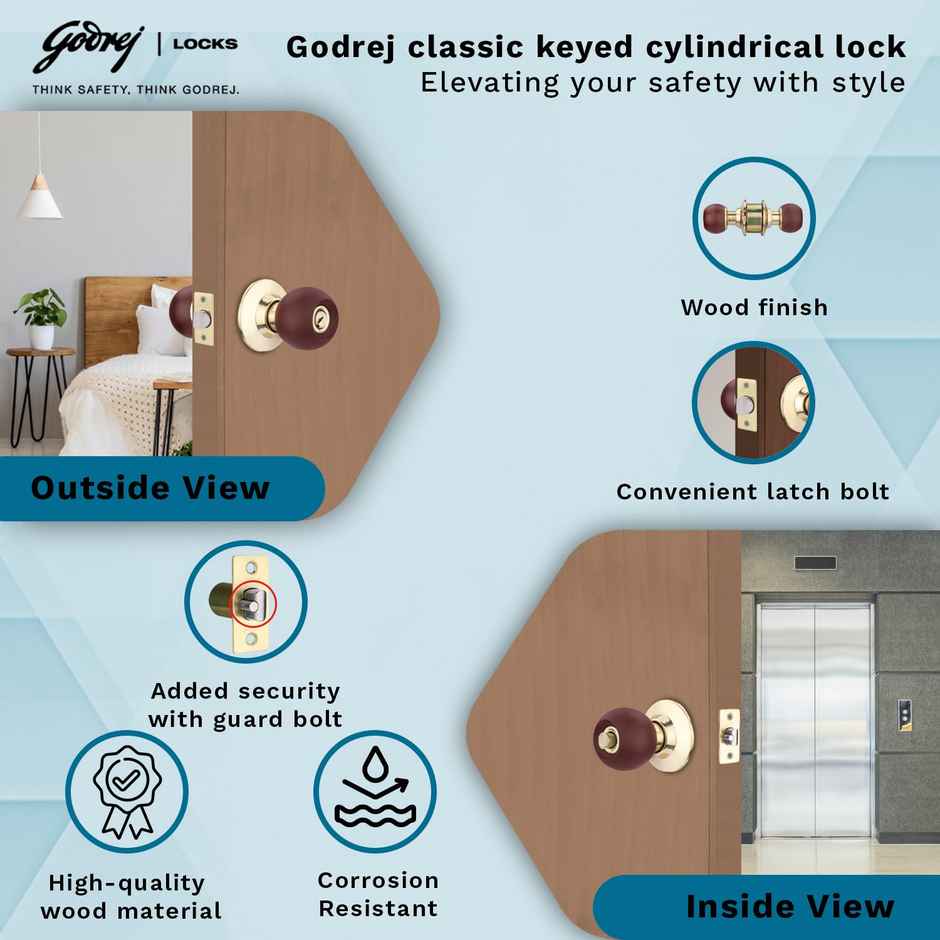 Godrej Cylindrical Lock | 3 Keys | Classic Range | For Bedroom/Internal Doors | Wood Finish