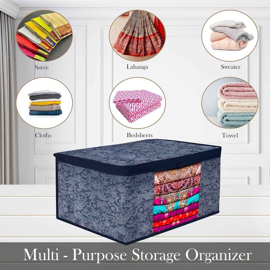 Kuber Industries Flower Printed Saree Storage Bag with Visible Window|9 Inch|Pack of 6|Navy Blue