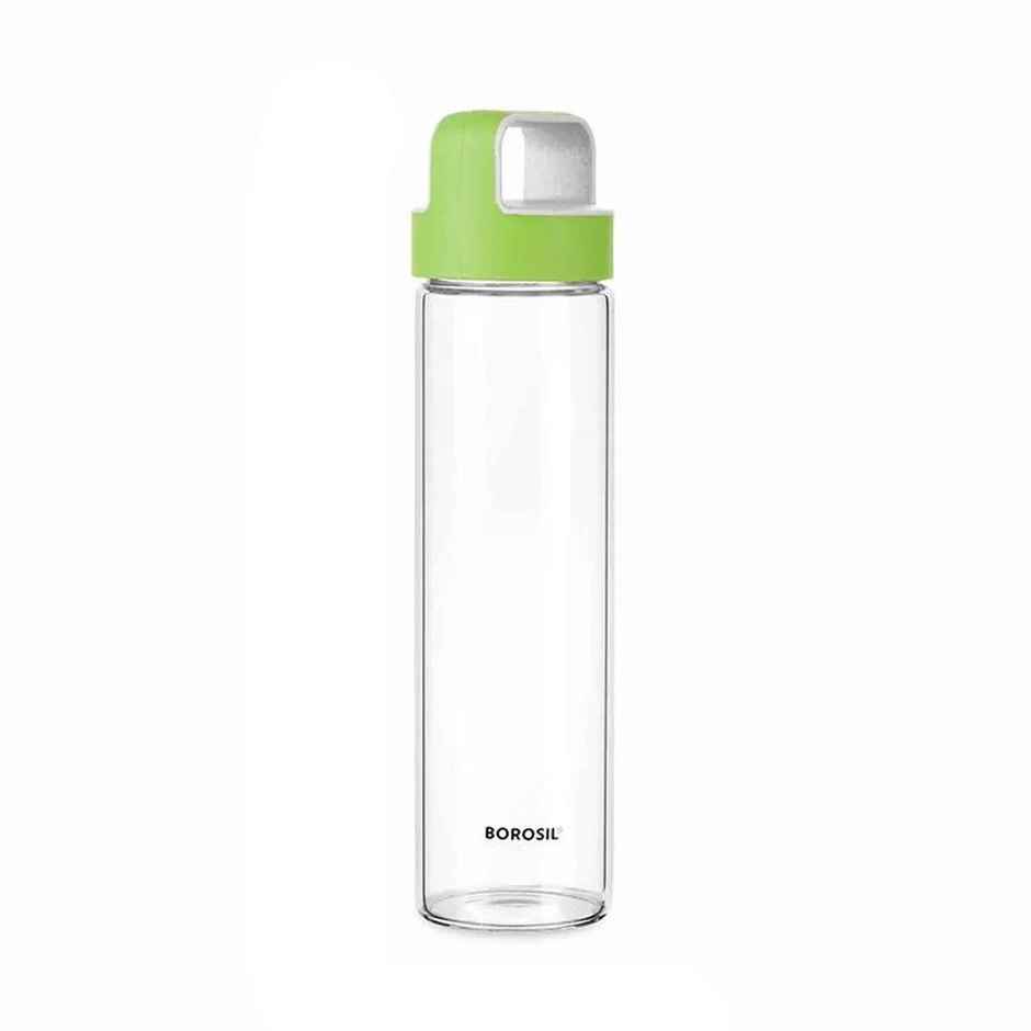 Borosil Borosilicate Neo Glass Water Bottle with Green Lid | Transparent | 550 ml