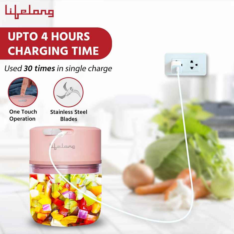 Lifelong LLWC03 (30Watt) USB Rechargeable Wireless Electric Chopper, 250ml, with Stainless Steel Blades for Onion, Garlic, Vegetables, Nuts, Meat - Pink