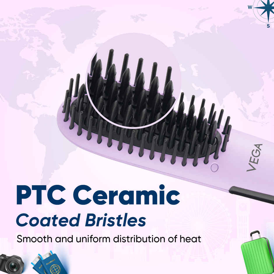 Vega Mini Hair Straightener Brush-Natural Straight in Few Min for Women 2 Heat Settings, (VHSB-05)