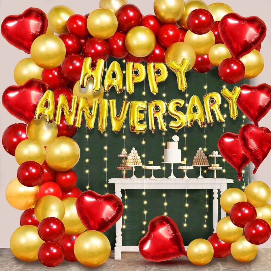 Party Propz Red And Golden Happy Anniversary Decorations For Home Kit - Pack Of 73