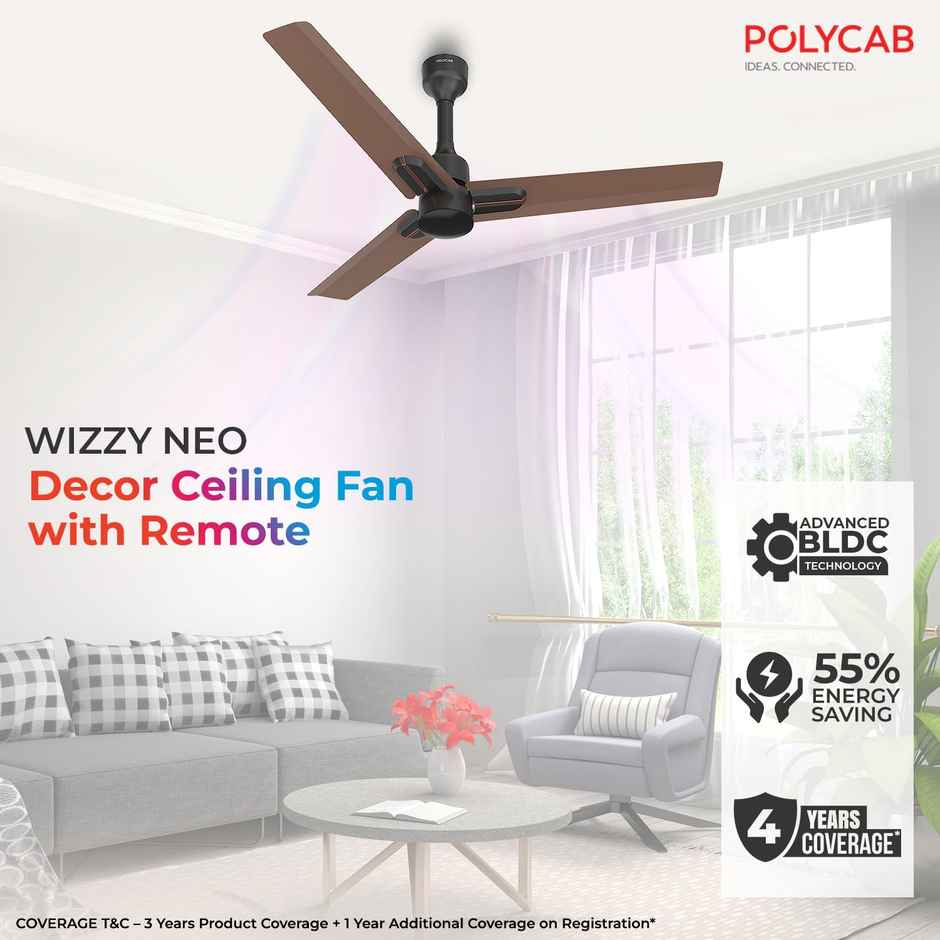 Polycab Wizzy Neo BLDC Ceiling fan,1200mm,Remote Control,100% Copper,6 Speed Setting,Copper Brown