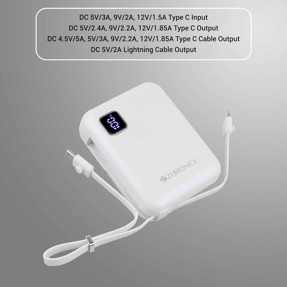 Zebronics MW64 Compact Power Bank, 10K mAh, Rapid Charge, 22.5W Output (White)