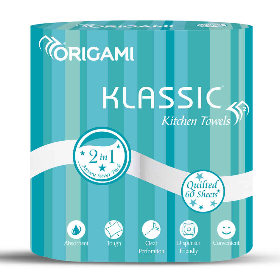 Origami Klassic 2 Ply Kitchen Towel Paper Roll - Pack Of 2 - 60 Pulls Per Roll Combo