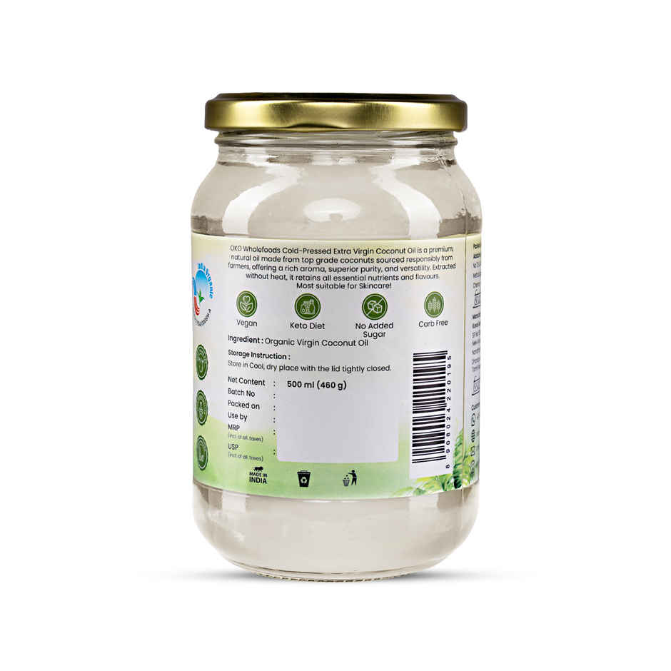 OKO Wholefoods Organic Extra Virgin Coconut Oil | Cold Pressed & Unrefined | Glass Bottle