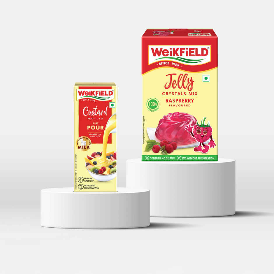 Weikfield Custard Ready To Eat - Vanilla (200ml) & Weikfield Jelly Crystals Raspberry Flavour Carton (90g) Combo