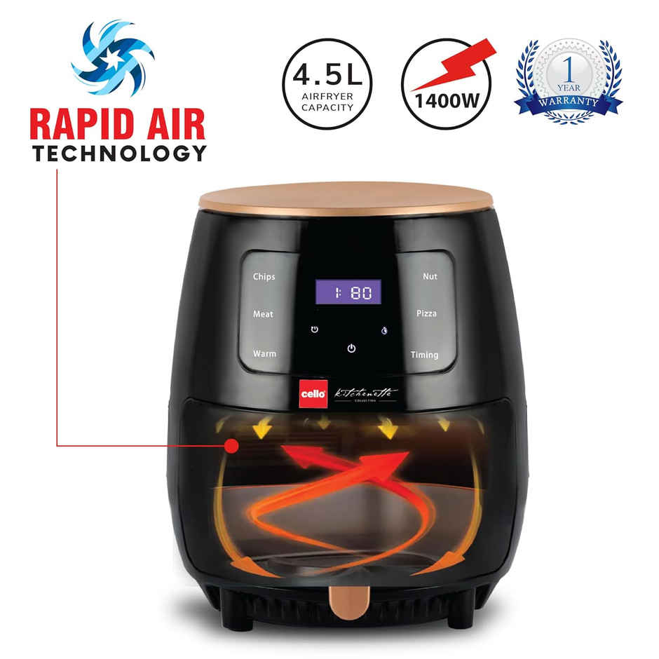 Cello Smart Digital Air Fryer 1400W, 4.5 Liter | Uses Up To 90% Less Fat | Smart Touch Panel |Black