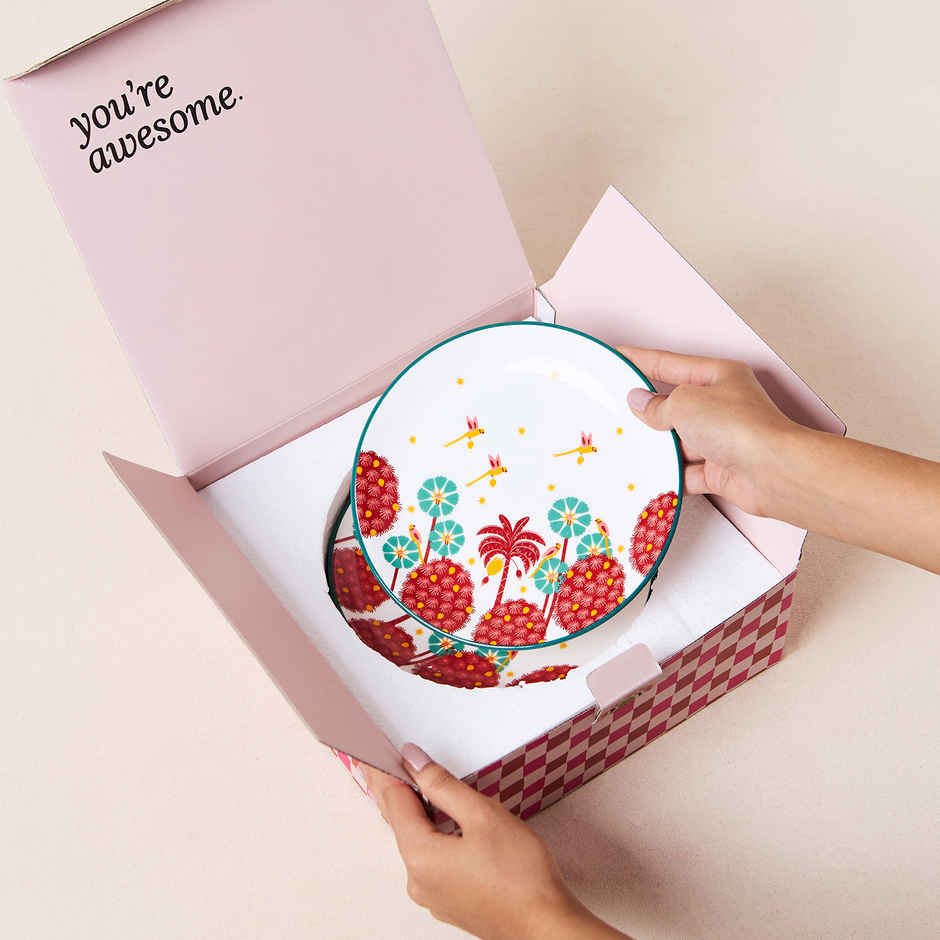 Chumbak Saanjh Snack Ceramic Plates Gift Set | Cream & Red - 7 in