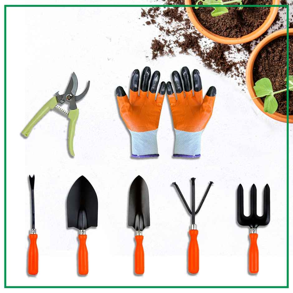 Cinagro Garden Tools - 7 Pcs, Weeder, 2 Trowels, Hand Fork, Cultivator, Scissors, Pruner