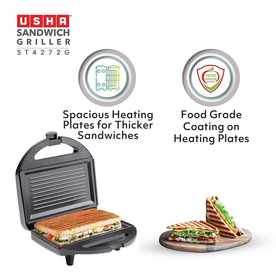Usha Sandwich Maker Griller (750W, 4-Slices, 2 Stage Thermal Safety, Led Indicators, Black)