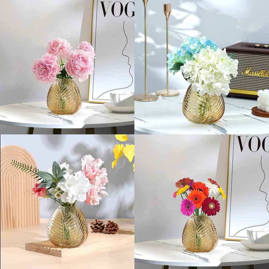 Art Street Decorative Amber Leef Pattern Transparent Glass Vase | Flower for Home | Size 5x5 Inch