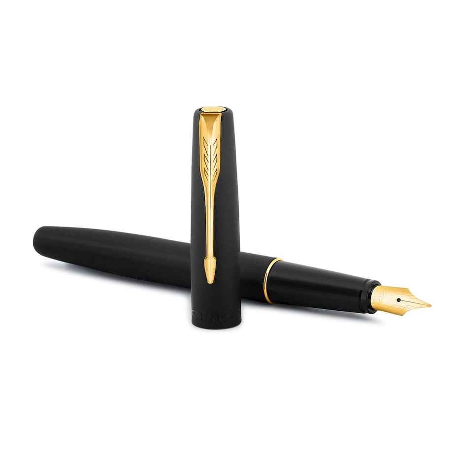 Parker Gift Set- (Parker Frontier Matte Black Gold Trim Fountain Pen With Holder) Ink Color - Blue