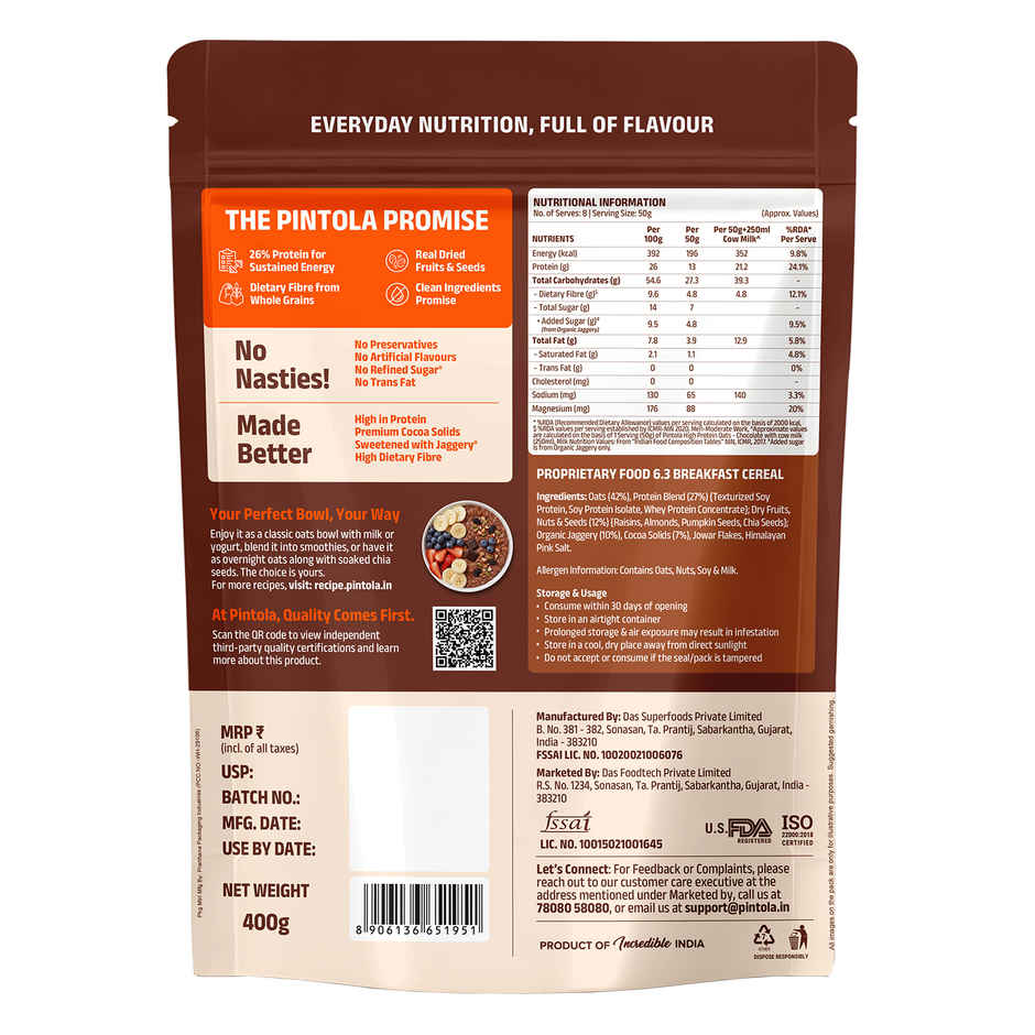 Pintola High Protein Oats Dark Chocolate With Almonds Raisin Pumpkin And Chia Seeds