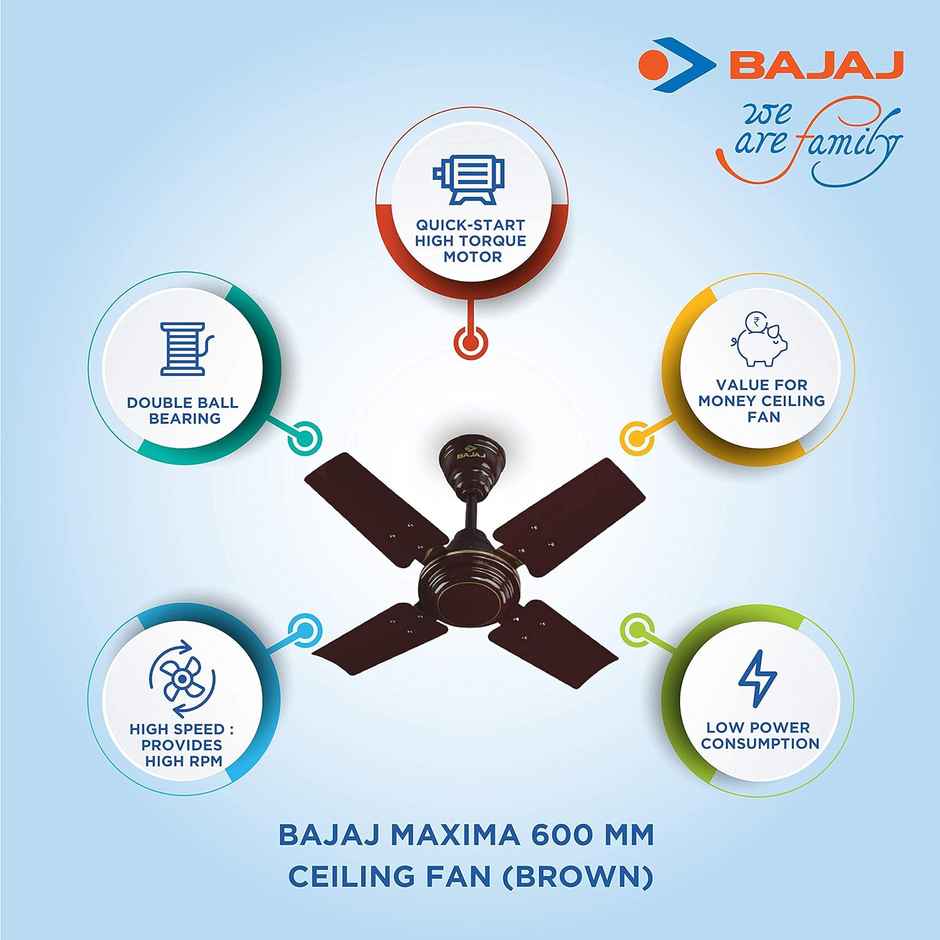 Bajaj Maxima Ceiling Fan, 600mm ,High Speed,Double Ball Bearing,Quick-start High Torque Motor,Brown