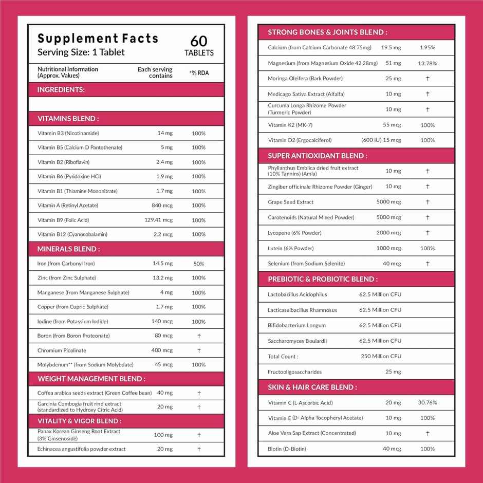 Carbamide Forte Multivitamin Tablets for Women with 43 Ingredients -60 Veg Tablets