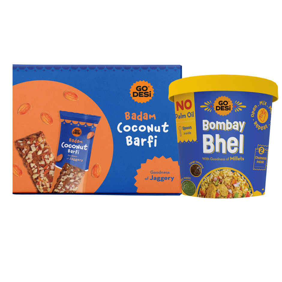 Badam Coconut Barfi, 8 Pcs | Burfi | Sweets | By Go Desi (96g) & Go Desi Bombay Bhelpuri With Chutney, No Palm Oil (100g) Combo