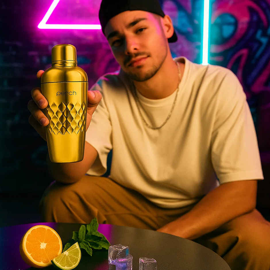 Perch O Holic Bartender Kit | 750 ml Belly Shaker Mango Wood Stand | Gold