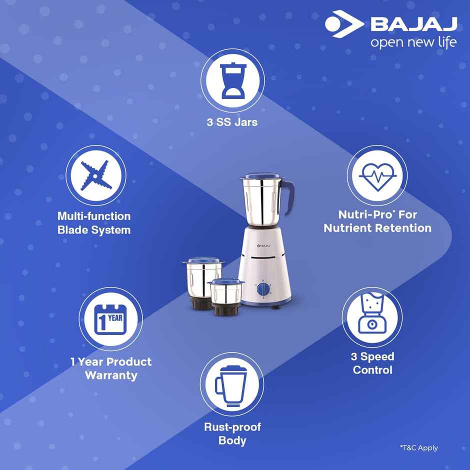 Bajaj Pluto Mixer Grinder | 500 W | 3 Jars - White