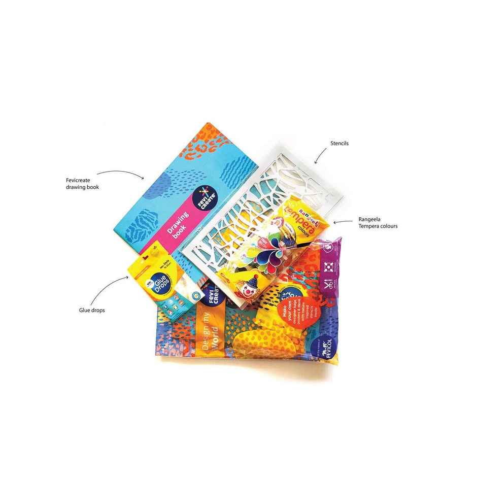 Fevicreate Design My World Kit Contains Drawing Book Stencils Rangeela Tempera Colours.