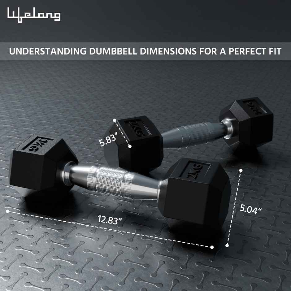 Lifelong Hex Rubber Coated Dumbbell Set (2 kg X 2) | Black | Home Workout | Fitness Barbell
