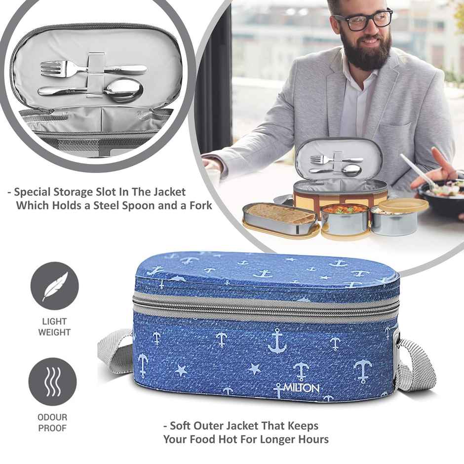 Milton Corporate Lunch Box Stainless Steel 2 Round 280Ml Each & 1 Oval Container 500Ml - Bag Blue