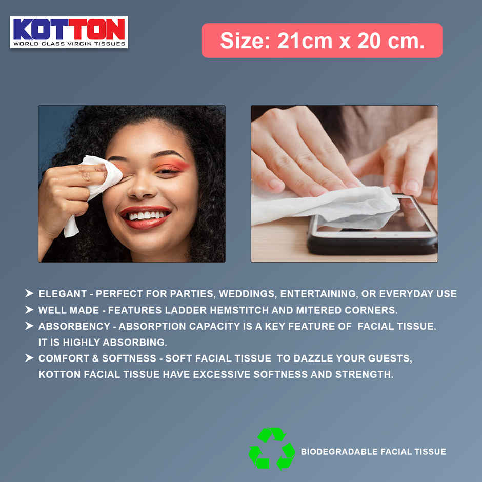 Kotton Facial Tissues Box - 4 Ply -100% Virgin Pulp/Paper, 20 cm * 20 cm 80 pulls Box