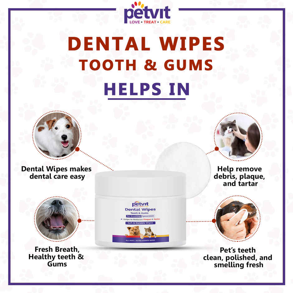 Petvit Dental Wipes For Tartar And Plaque Remover For Teeth Cleaning - 50 Wipes