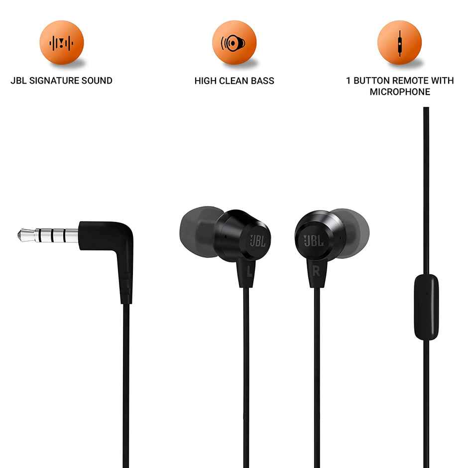JBL C50HI, Wired in Ear Headphones with Mic, 3.5mm Audio Jack, One Button Multi-Function Remote, Lightweight & Comfortable fit - Black