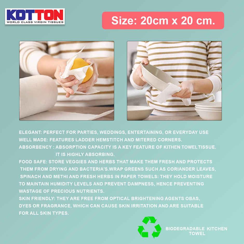 Kotton 2 Ply Jumbo Kitchen Towel Paper Roll/100% Virgin Pulp/Paper - pack of 1 Roll - 600 Sheets Combo 