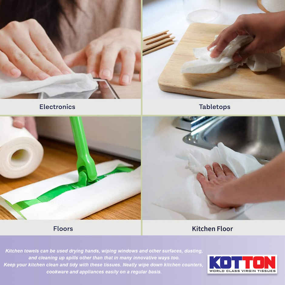 Kotton 2 Ply Jumbo Kitchen Towel Paper Roll/100% Virgin Pulp/Paper - pack of 1 Roll - 600 Sheets Combo 