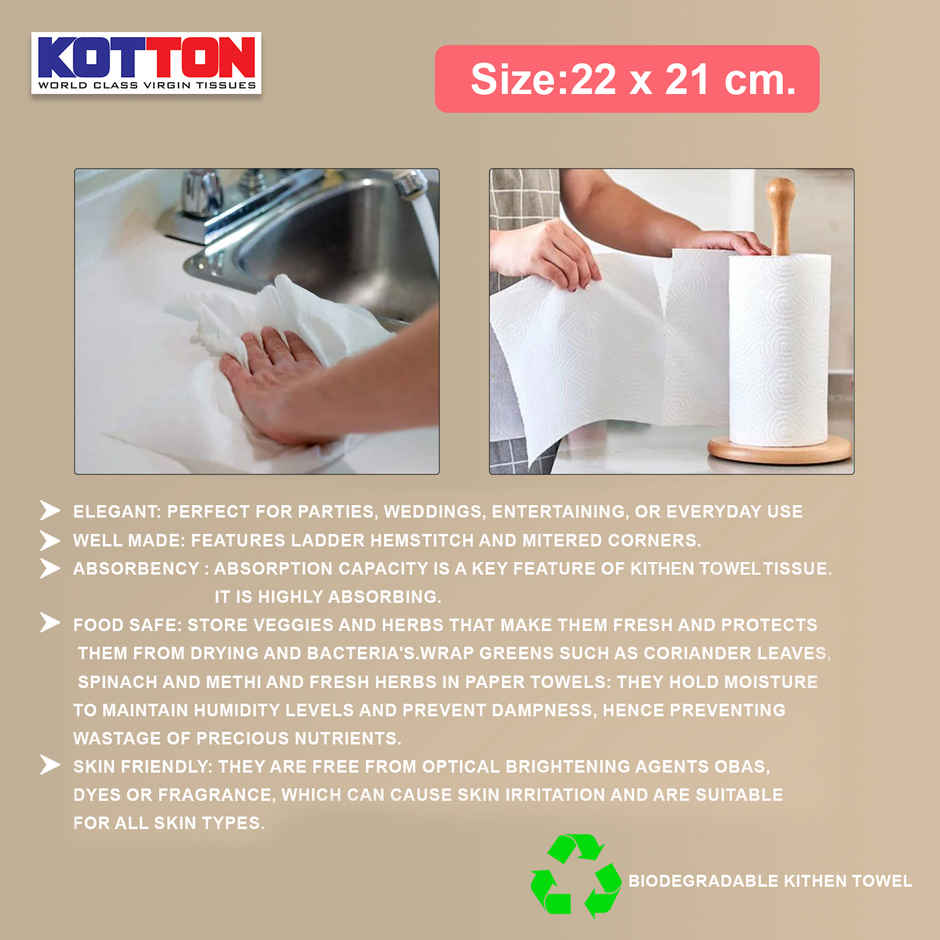 Kotton 2 Ply Kitchen Towel Paper Roll | 100% Virgin Pulp | Paper Roll