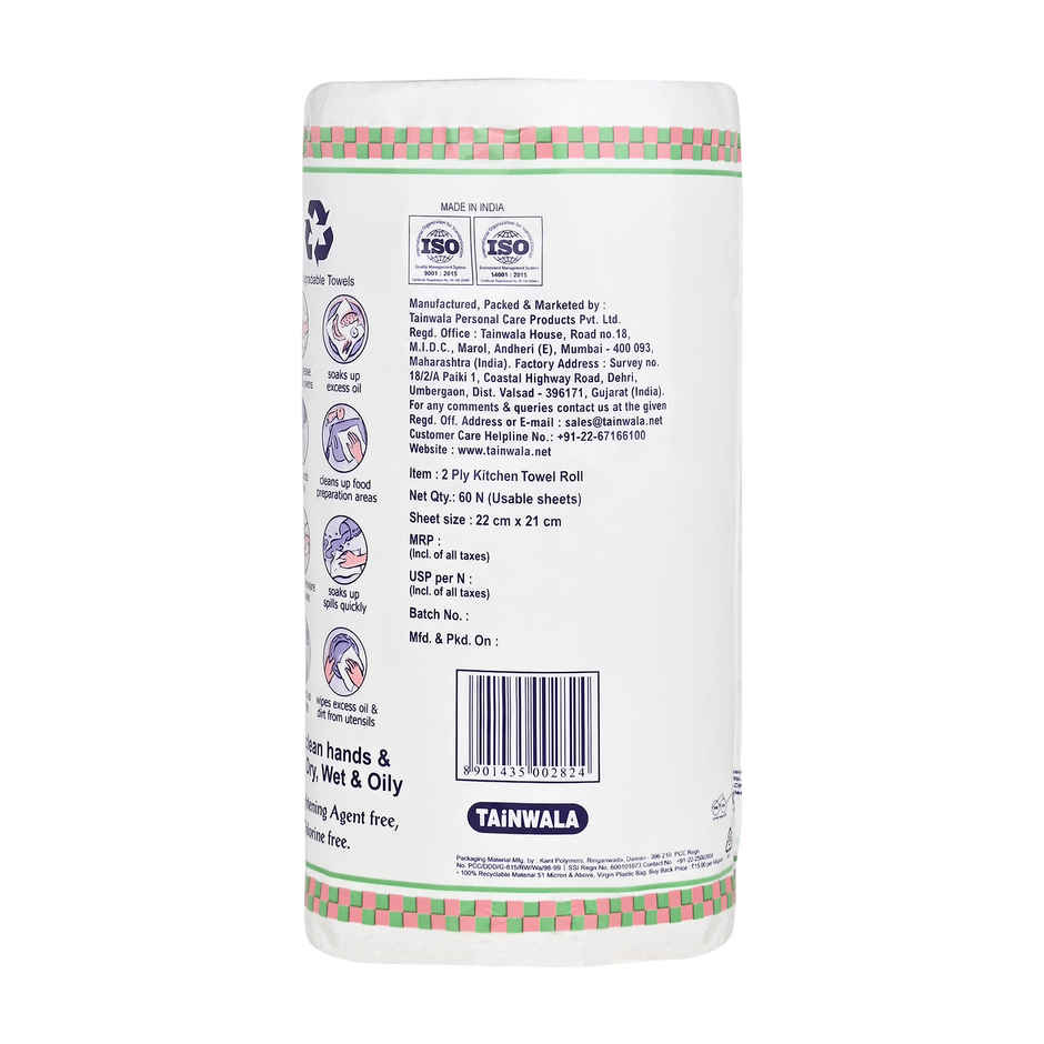 Kotton Kitchen Towel 2 Ply - 100% Virgin Pulp/Paper, 60 Pulls Per Roll