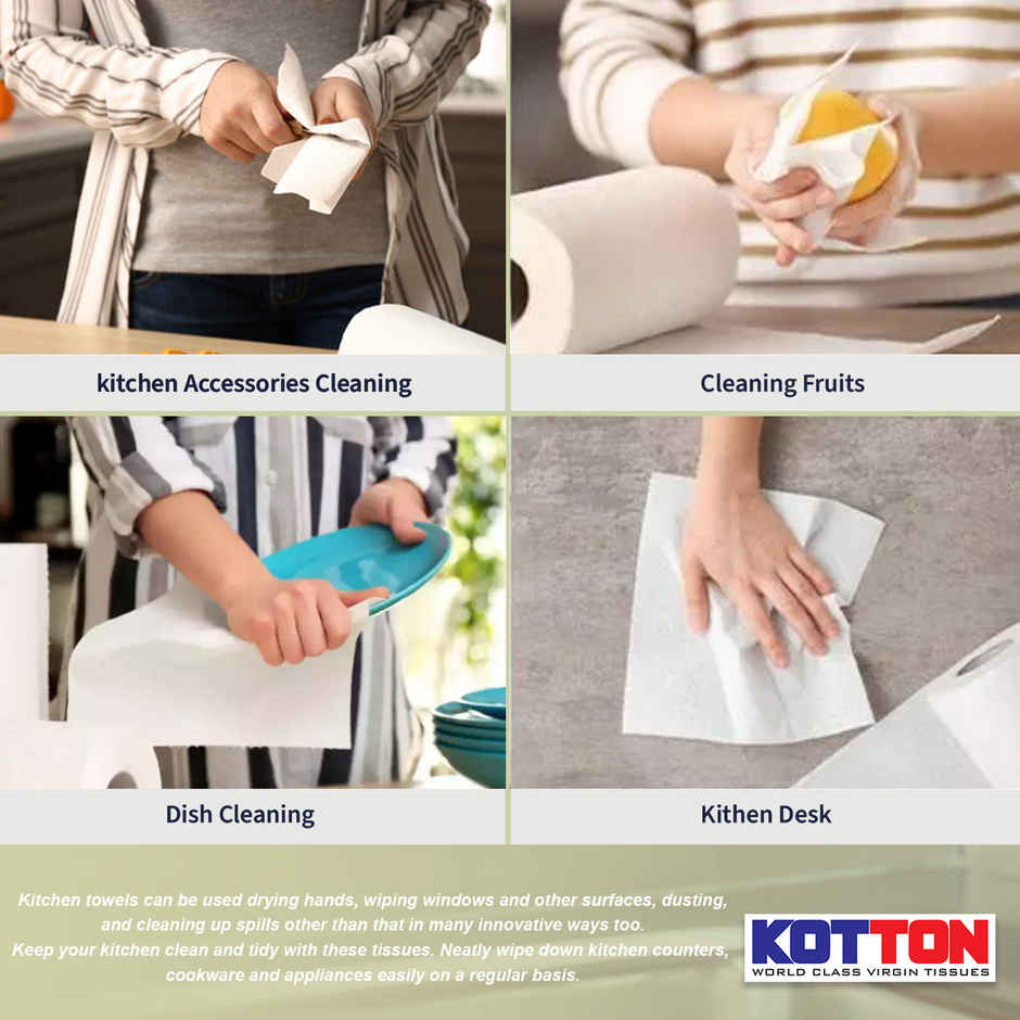 Kotton Kitchen Towel 3 Ply - 100% Virgin Pulp/Paper, 80 Pulls per Roll