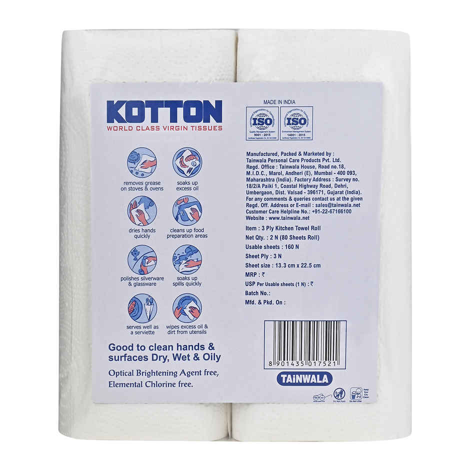 Kotton 3 Ply Kitchen Towel Paper Roll/100% Virgin Pulp/Paper- Pack Of 2 Rolls - 80 Pulls Per Roll Combo  
