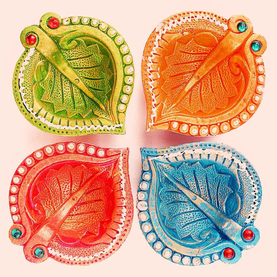Designer Multicolor Clay Diya | 4 Pcs | Satvik