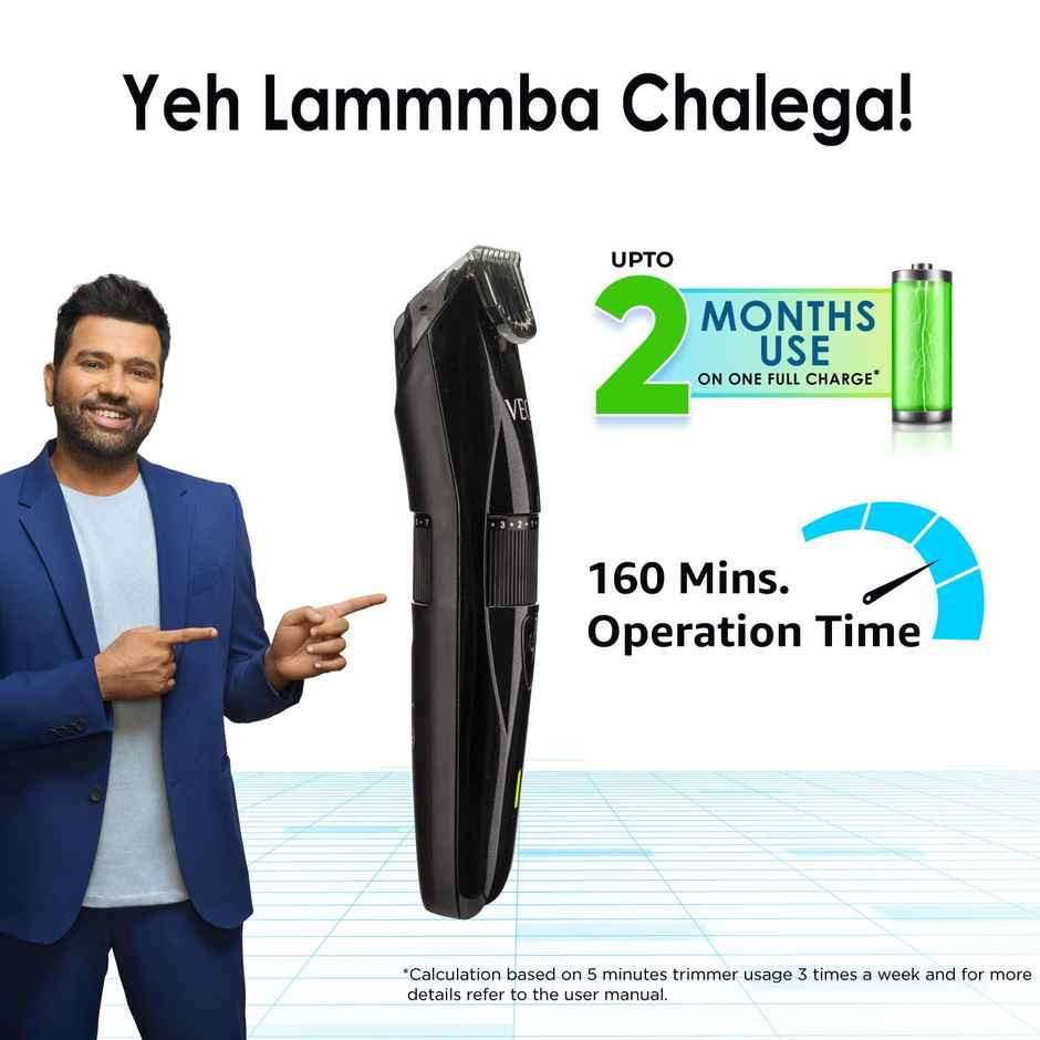 VEGA P-2 Beard Trimmer for Men with 160 Min Runtime, 2 Comb Attachment, Type-C Fast Charging ,VHTH-26